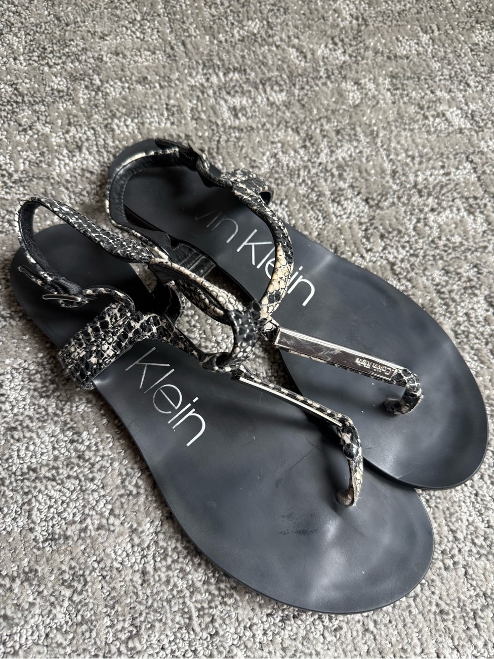 Calvin Klein Black Snake-Print T-Strap Flat Sandals